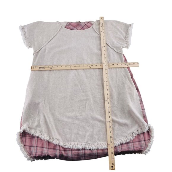 Umgee Womens Fringe dress  Hem Short Sleeve Plaid Contrast Tunic Top Beige & Pin - Picture 3 of 5